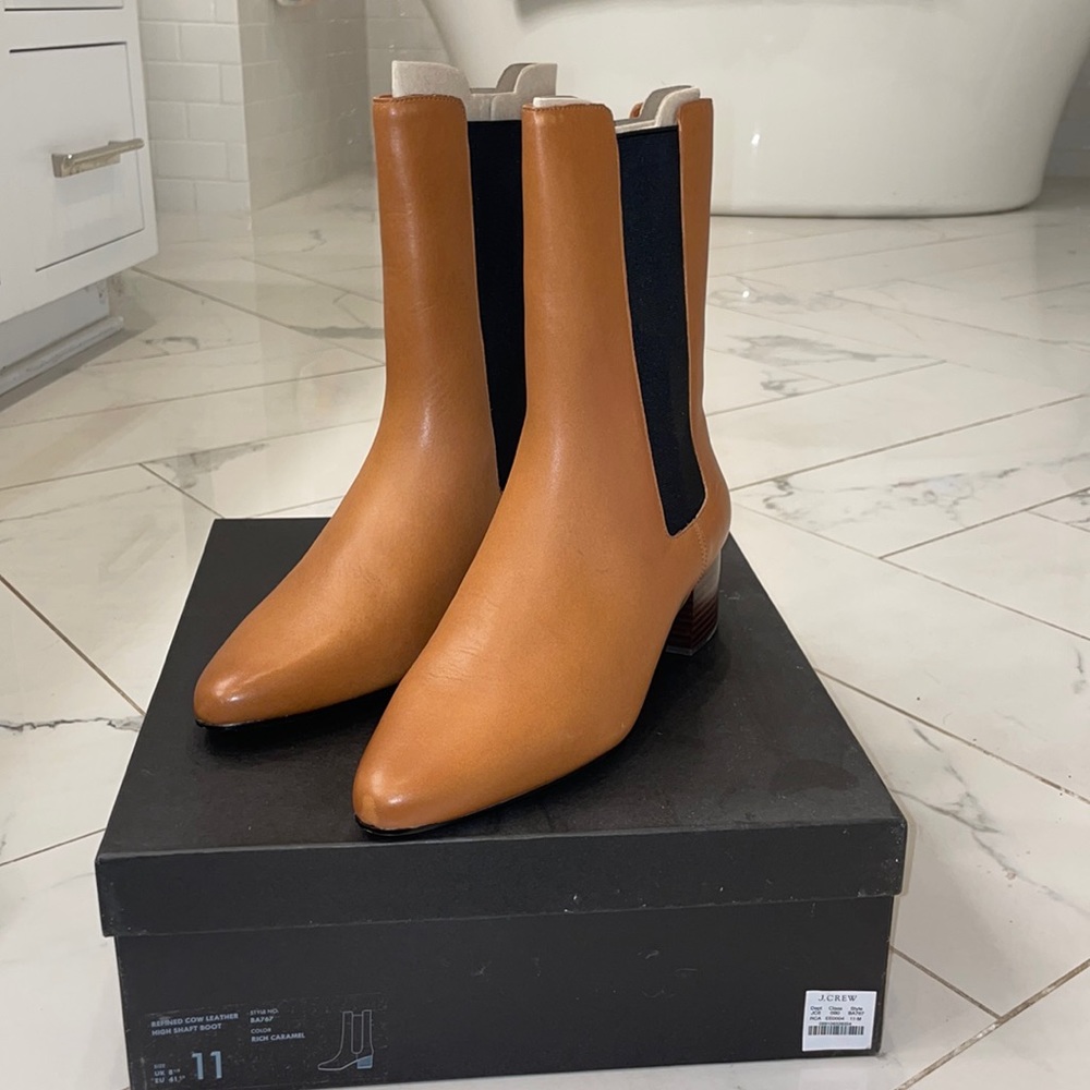 J crew refined cow leather high shaft boot, rich caramel, size 11
